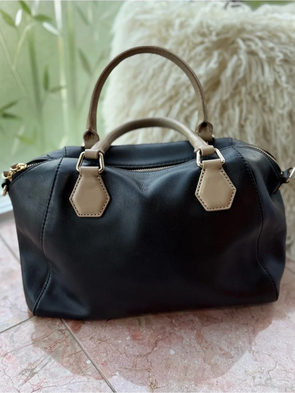 Kate Spade Catherine Street Pippa Black and Taupe Leather Satchel Bag